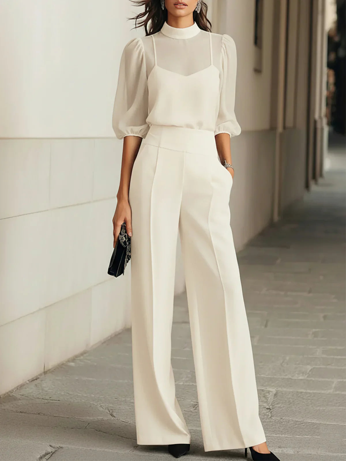 Conjunto de tres piezas: top negro transparente y pantalón de pierna ancha