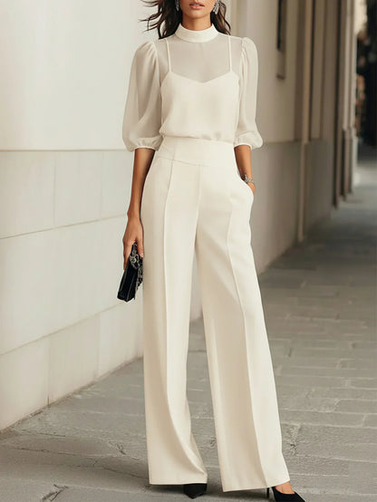 Conjunto de tres piezas: top negro transparente y pantalón de pierna ancha