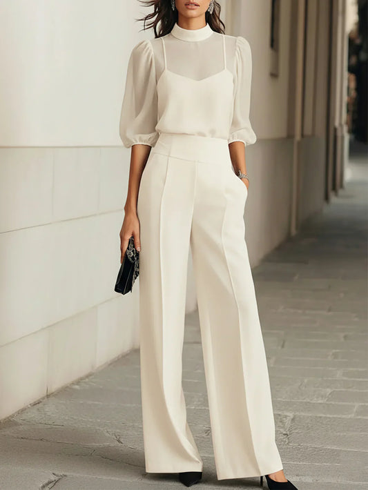 Conjunto de tres piezas: top negro transparente y pantalón de pierna ancha