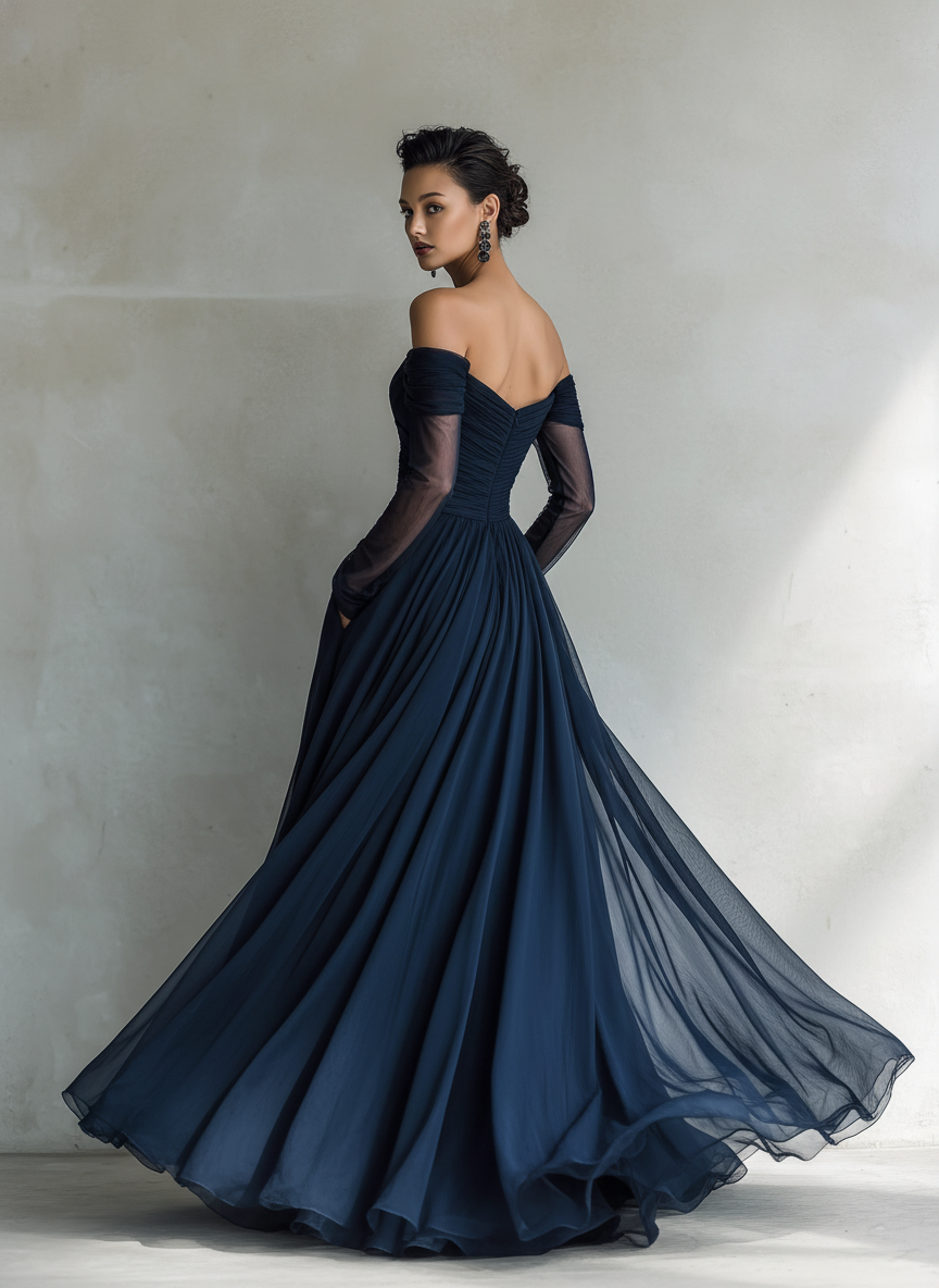 Vestido Maxi Elegante en Chiffon Organza Azul Oscuro con Mangas Largas y Hombros Descubiertos para Mujeres