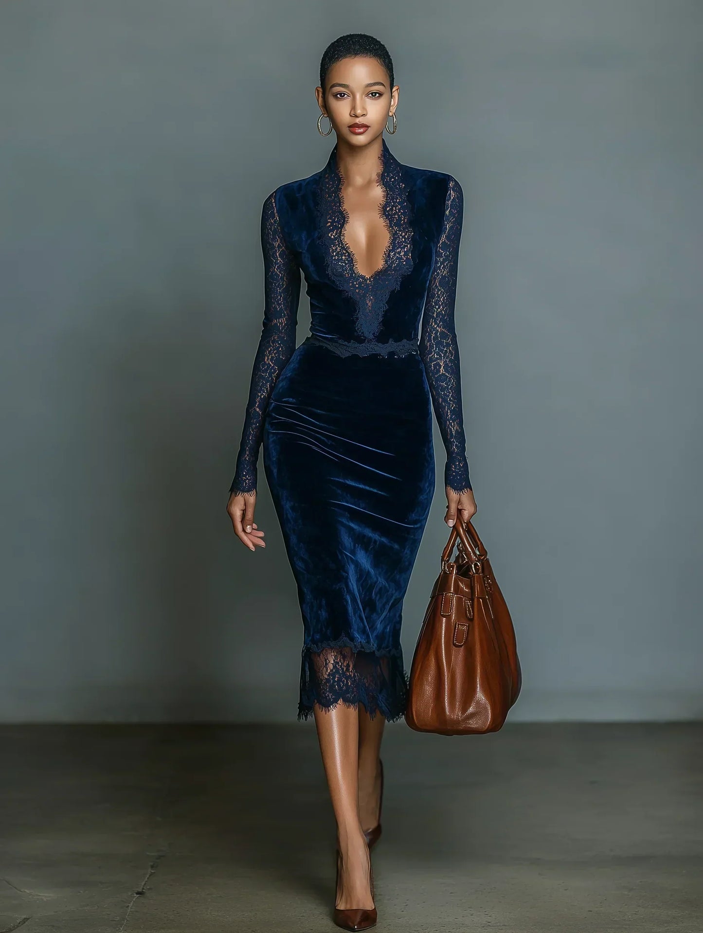 Vestido Midi Slim-fit de Terciopelo Azul Oscuro Elegante y de Moda para Mujeres con Escote en V y Mangas de Encaje