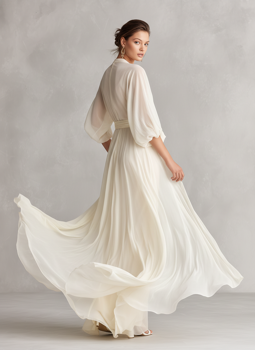 Vestido de Chiffon Transparente Marfil para Mujeres con Mangas Voluminosas y Detalle Envolvente, Vestido de Estilo Romántico-Lujoso Atemporal