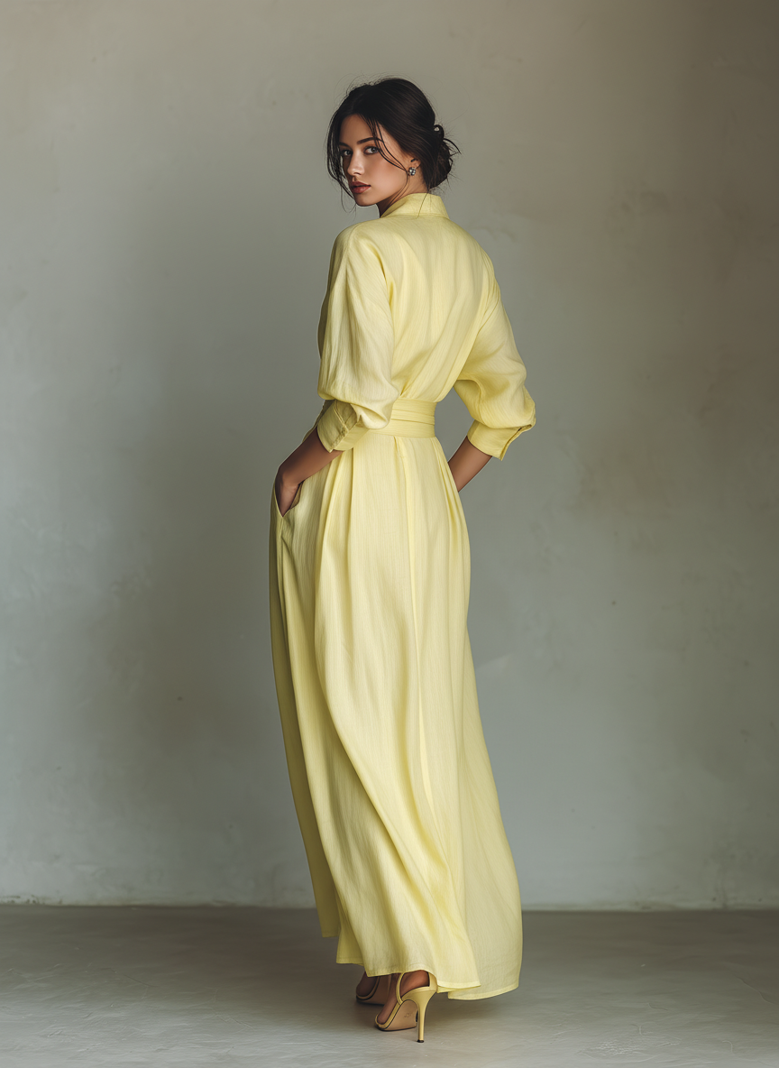 Vestido Camisa Maxi Mujer Amarillo Limón De Algodón Y Lino Con Cintura Para Atar & Mangas Tres Cuartos