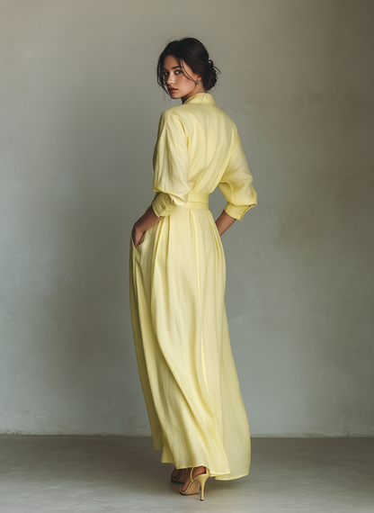 Vestido Camisa Maxi Mujer Amarillo Limón De Algodón Y Lino Con Cintura Para Atar & Mangas Tres Cuartos