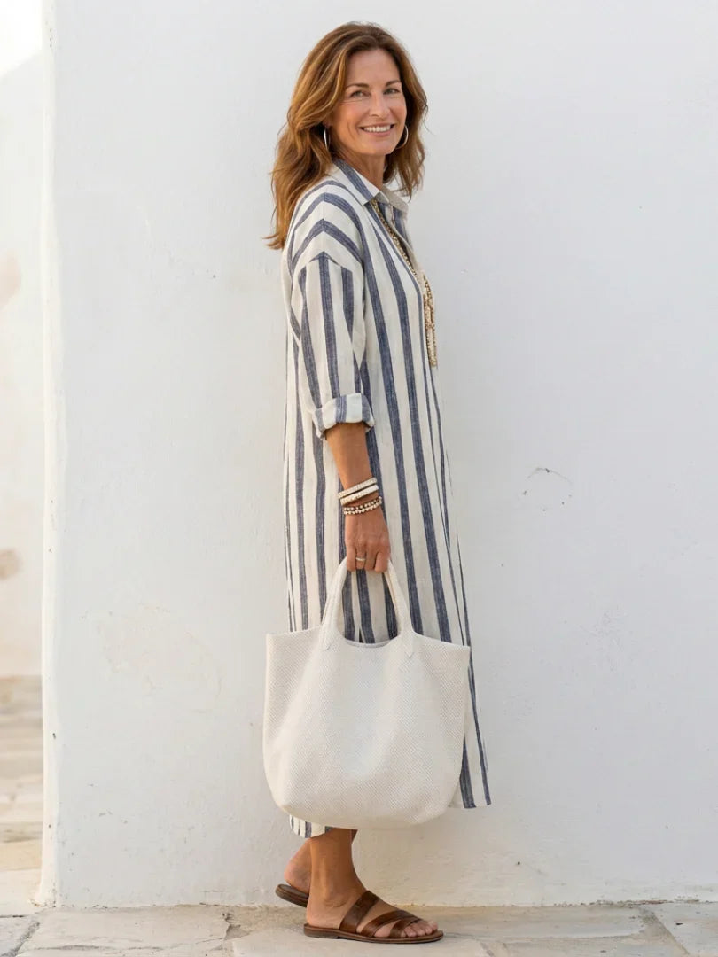 Naomi | Vestido Camisero Midi de Rayas de Manga Larga