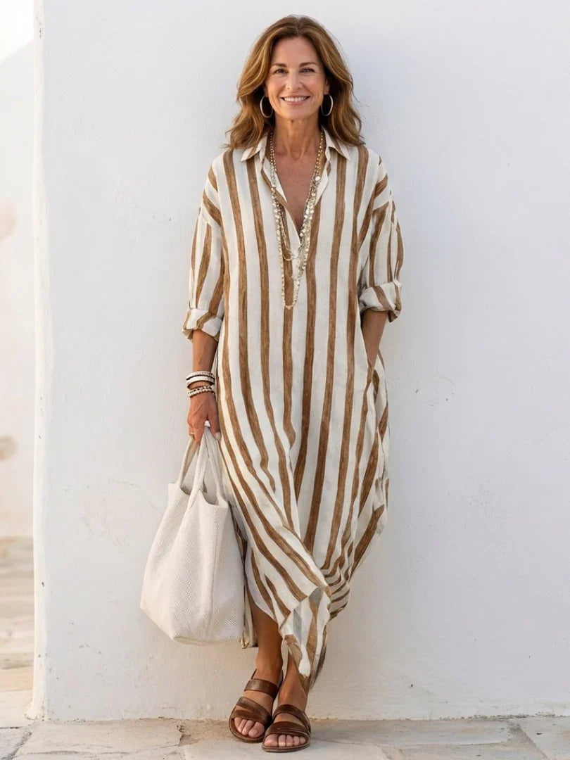 Naomi | Vestido Camisero Midi de Rayas de Manga Larga