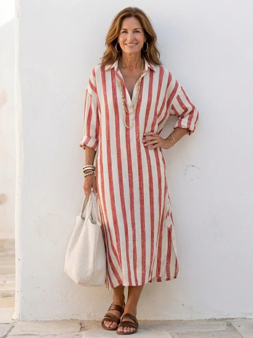Naomi | Vestido Camisero Midi de Rayas de Manga Larga