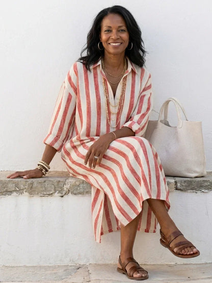 Naomi | Vestido Camisero Midi de Rayas de Manga Larga