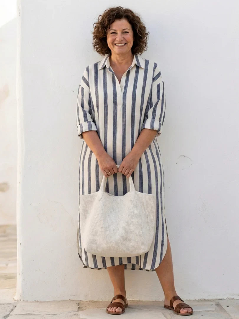 Naomi | Vestido Camisero Midi de Rayas de Manga Larga