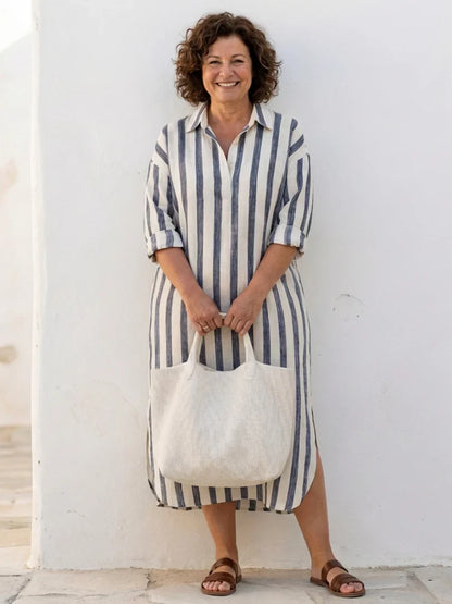 Naomi | Vestido Camisero Midi de Rayas de Manga Larga