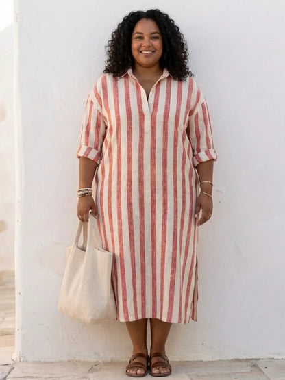 Naomi | Vestido Camisero Midi de Rayas de Manga Larga