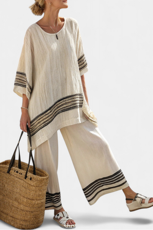 Harlowe | Elegante Top de Lino con Rayas Negras y Pantalones Fluidos