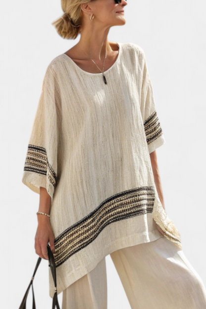 Harlowe | Elegante Top de Lino con Rayas Negras y Pantalones Fluidos