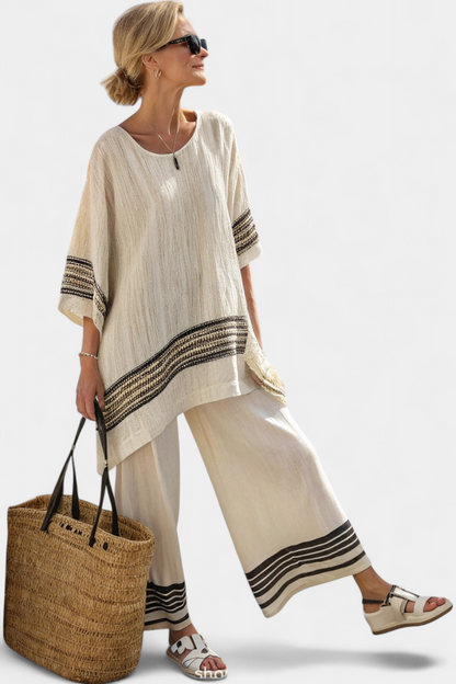 Harlowe | Elegante Top de Lino con Rayas Negras y Pantalones Fluidos