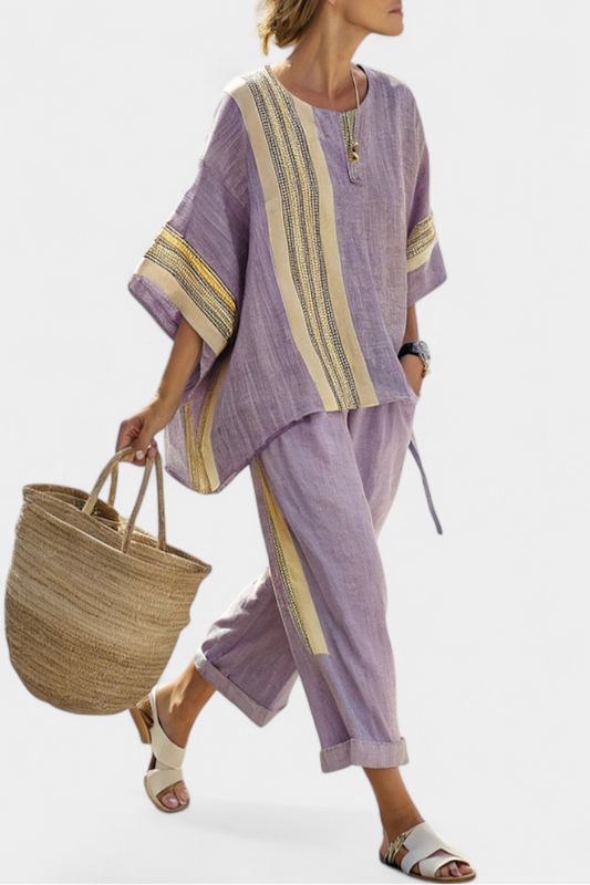 Elowric | Elegante Top Lavanda & Pantalones a Rayas Mostaza