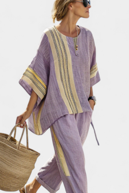 Elowric | Elegante Top Lavanda & Pantalones a Rayas Mostaza