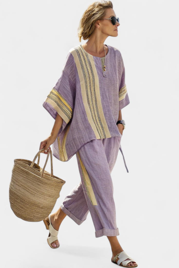 Elowric | Elegante Top Lavanda & Pantalones a Rayas Mostaza