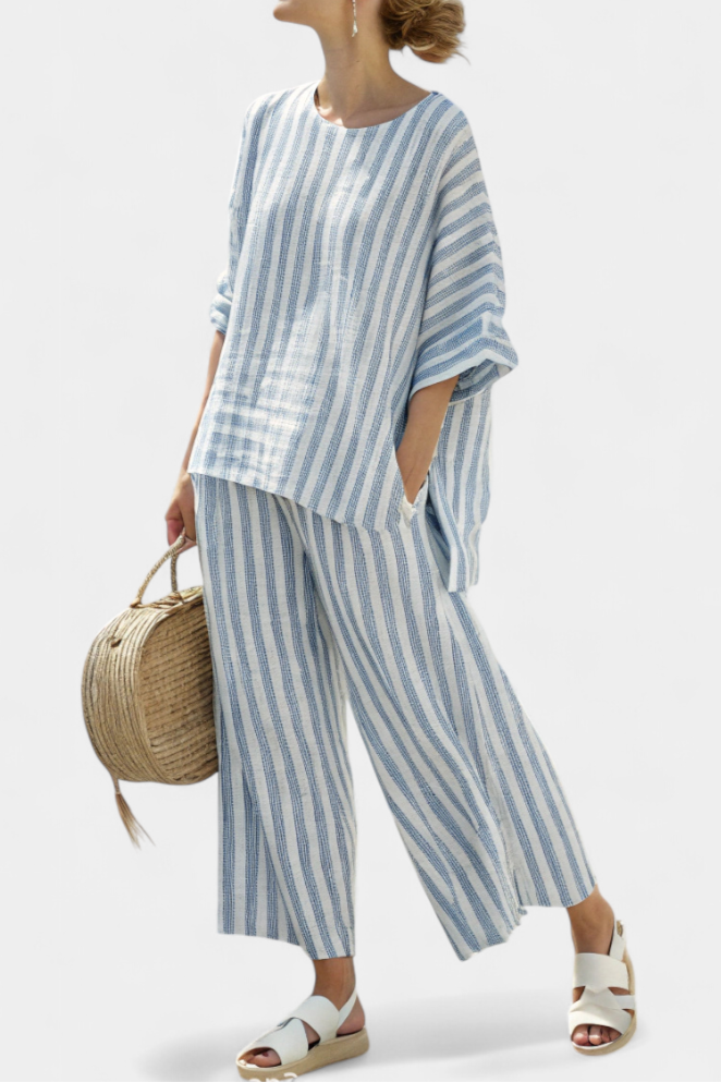 Rensleigh | Top de Lino Azul Estriado Sofisticado & Pantalones Relaxed