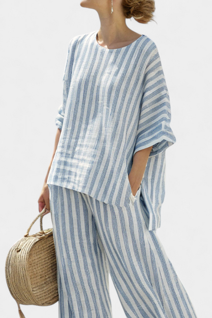 Rensleigh | Top de Lino Azul Estriado Sofisticado & Pantalones Relaxed