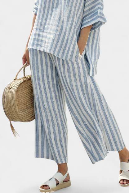 Rensleigh | Top de Lino Azul Estriado Sofisticado & Pantalones Relaxed