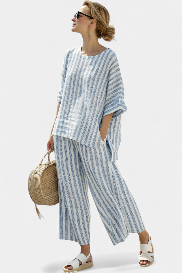 Rensleigh | Top de Lino Azul Estriado Sofisticado & Pantalones Relaxed