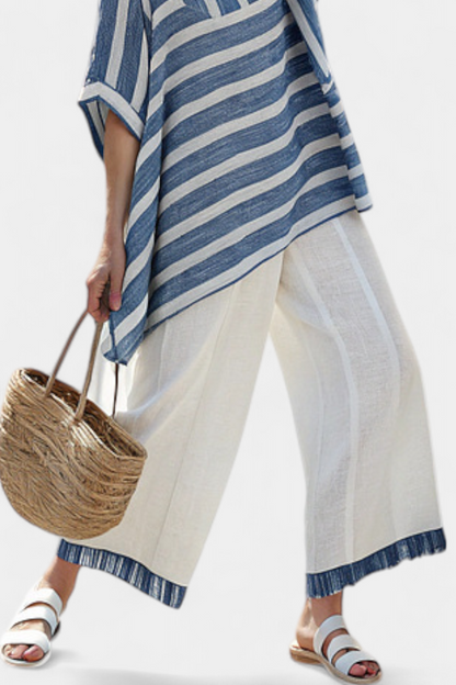 Corvielle | Top de Rayas Azules Sofisticado y Pantalones con Detalles en el Dobladillo