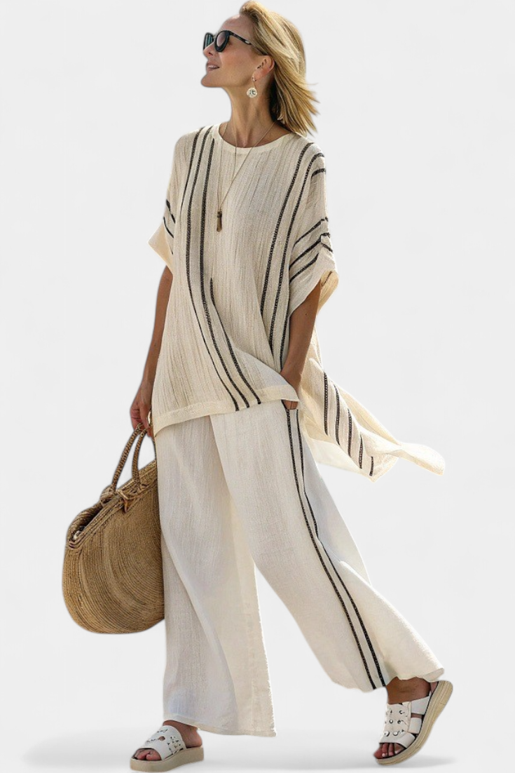 Greysen | Elegante Blusa de Lino Marfil y Pantalones a Rayas Negras