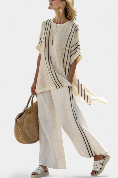 Greysen | Elegante Blusa de Lino Marfil y Pantalones a Rayas Negras