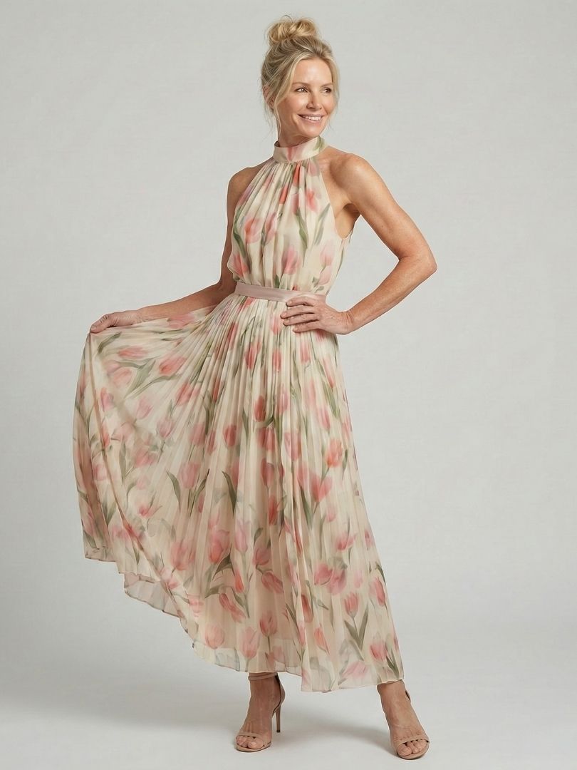 Aurelle | Vestido Midi Floral con Cuello Americano