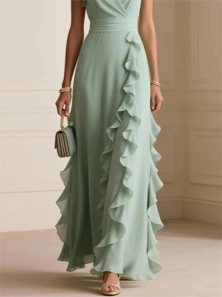 Madeleine · Vestido de noche plisado con volantes cascada