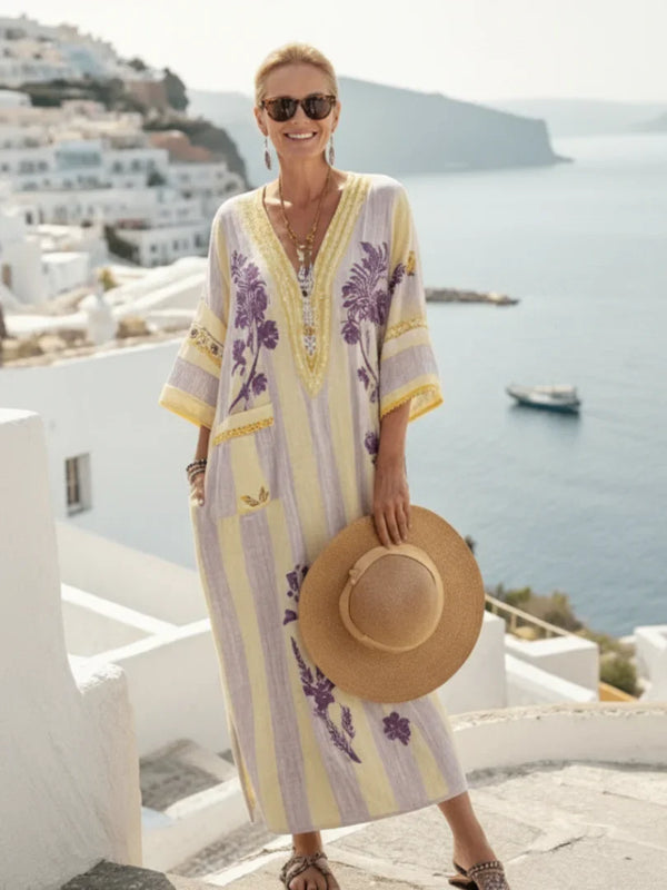 Aurelia | Vestido Maxi Floral a Rayas con Escote en V y Manga Corta