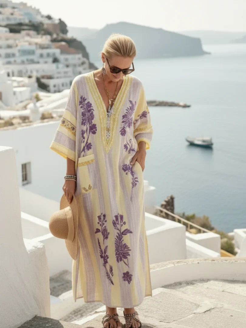 Aurelia | Vestido Maxi Floral a Rayas con Escote en V y Manga Corta