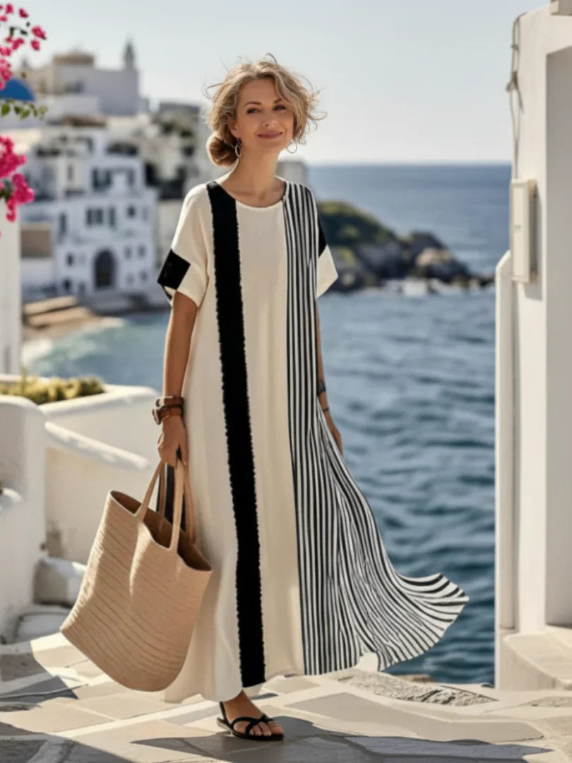 Elara | Vestido Maxi a Rayas con Cuello Redondo y Manga Corta