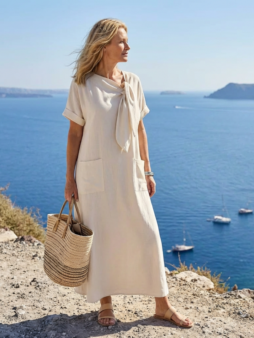 Elowyn | Vestido Maxi de Cuello Redondo y Manga Corta con Bolsillos