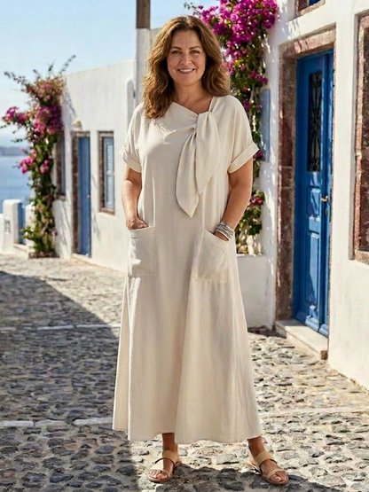 Elowyn | Vestido Maxi de Cuello Redondo y Manga Corta con Bolsillos