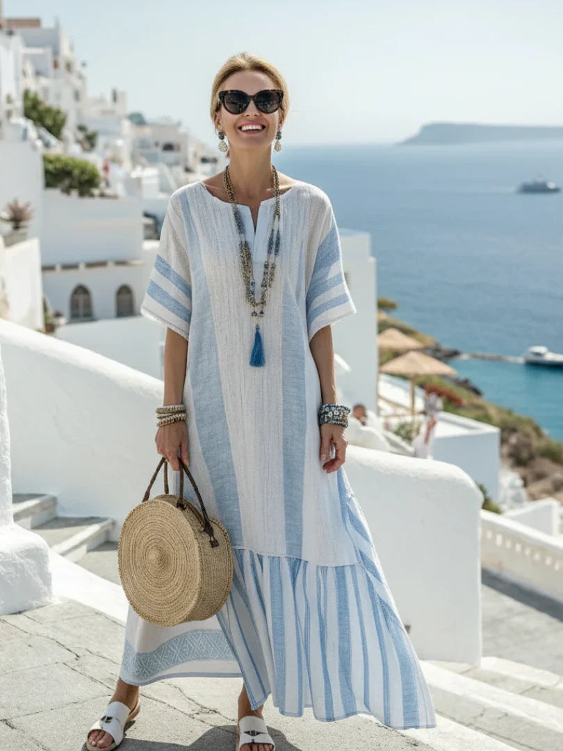 Ione | Vestido Maxi de Rayas con Cuello Redondo y Manga Corta