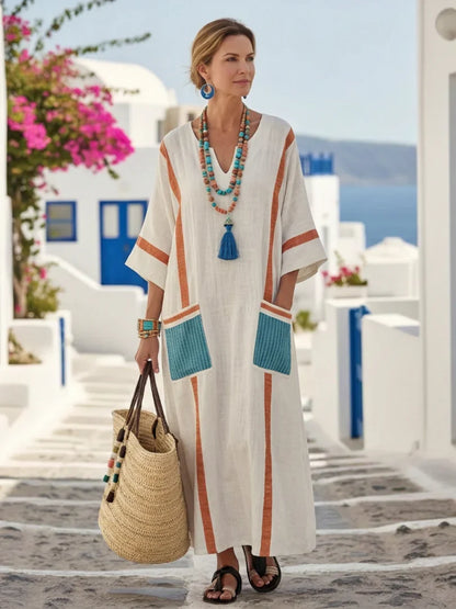 Noemi | Vestido Maxi de Manga Corta y Bolsillo con Escote en V