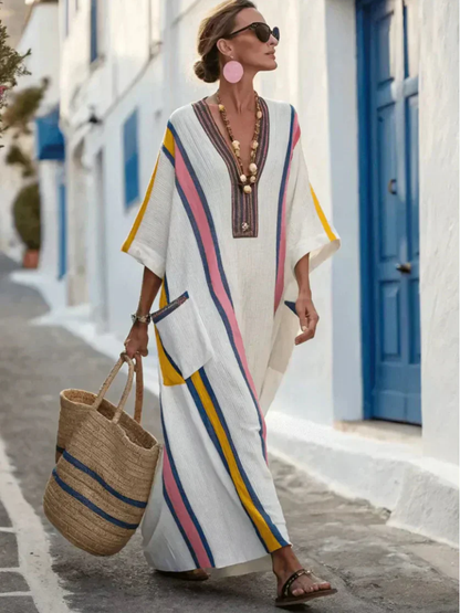 Noemi | Vestido Maxi con Escote en V y Manga Corta con Bolsillos