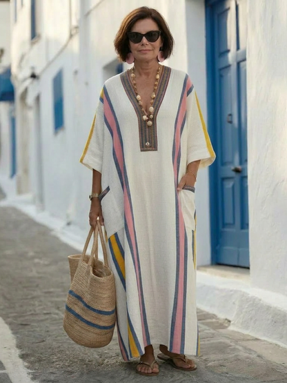 Noemi | Vestido Maxi con Escote en V y Manga Corta con Bolsillos