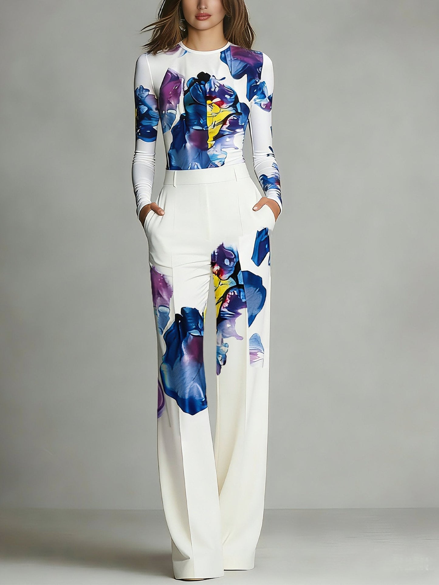 Conjunto de Top y Pantalones de Cuello Redondo en Color Block Sienna