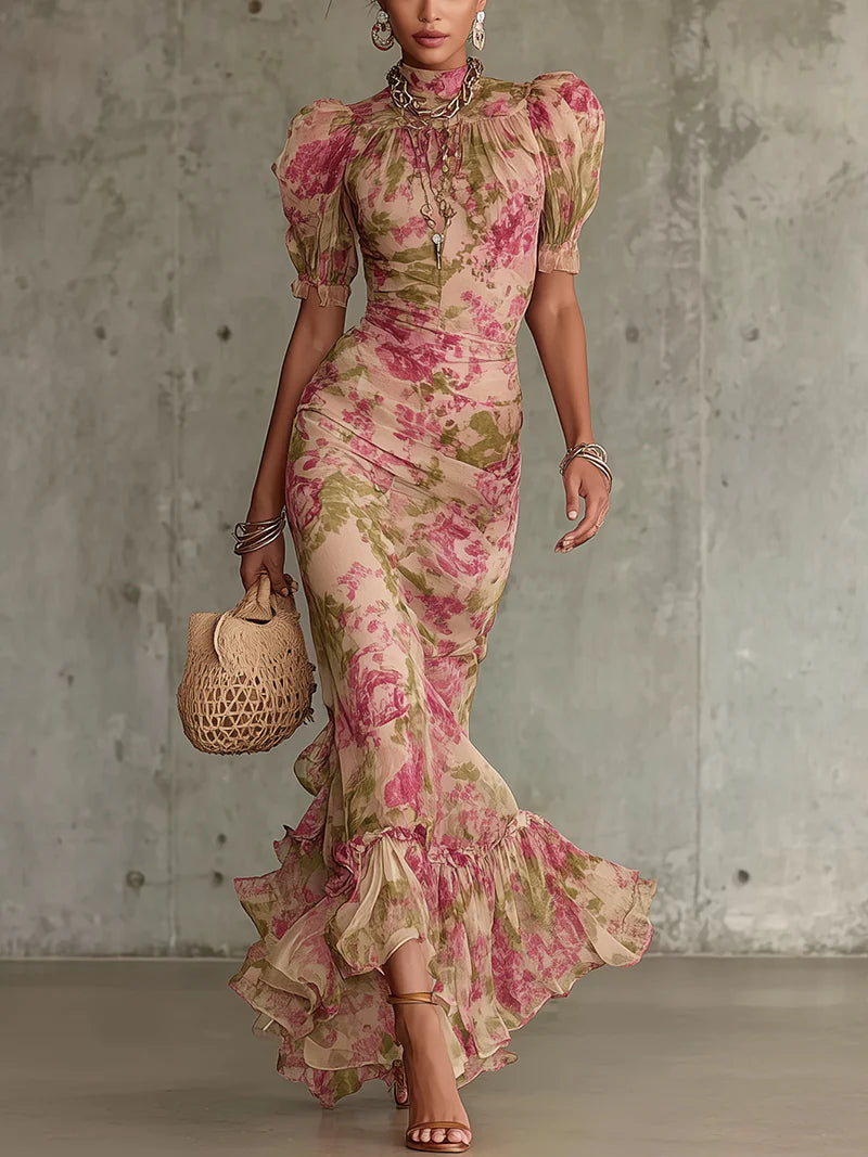 Mae | Vestido Maxi con Mangas de Globo en Estampado Rosa Vintage