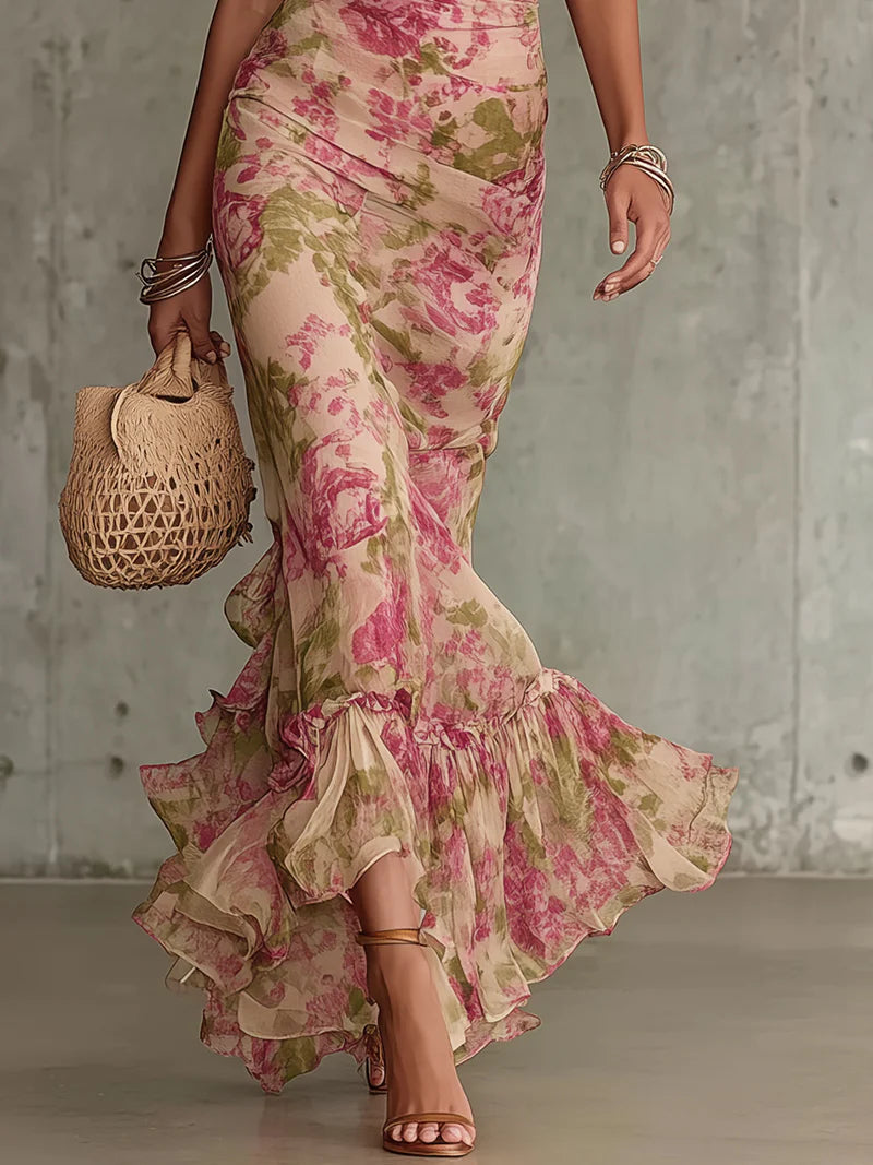Mae | Vestido Maxi con Mangas de Globo en Estampado Rosa Vintage