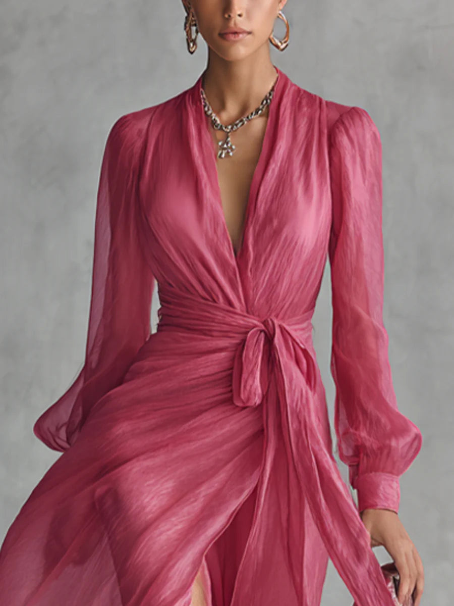 Beatrice | Elegante vestido largo de gasa con escote en V y cintura atada