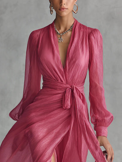 Beatrice | Elegante vestido largo de gasa con escote en V y cintura atada