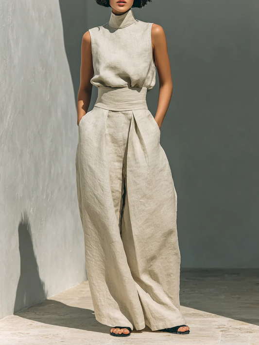Aurora • Conjunto compuesto por top sin mangas beige en mezcla de algodón y lino y pantalones de pierna ancha