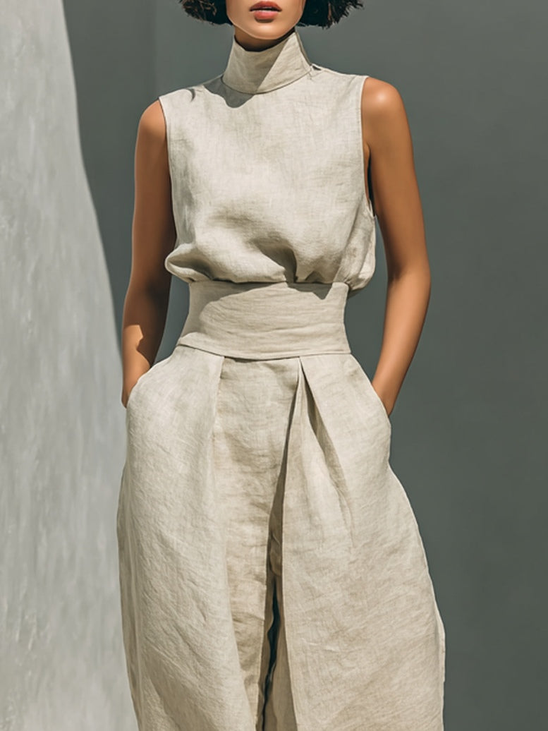 Aurora | Conjunto de Pantalón Ancho Sin Mangas en Beige Relajado