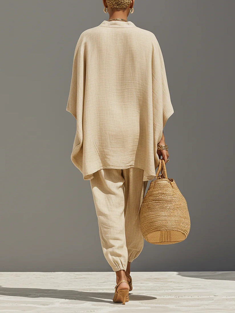 Conjunto Top Minimalista Asimétrico en Kaki Claro y Pantalones Jogger