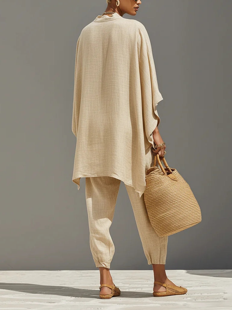 Conjunto Top Minimalista Asimétrico en Kaki Claro y Pantalones Jogger