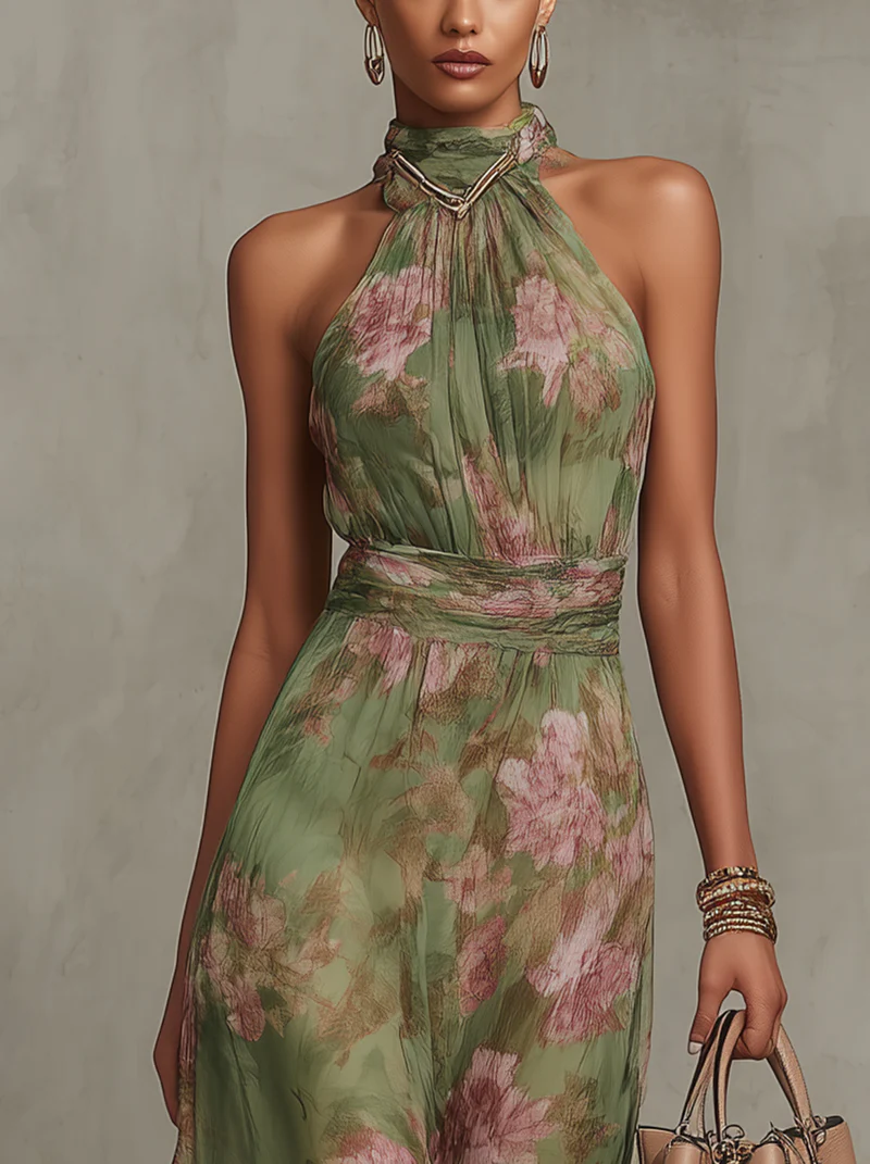 Firenze | Vestido Maxi de Chiffon Floral Verde con Escote Halter