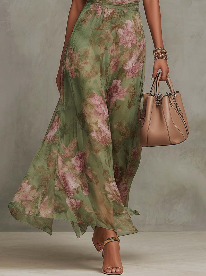 Serena - Vestido largo verde floral en chiffon con escote halter